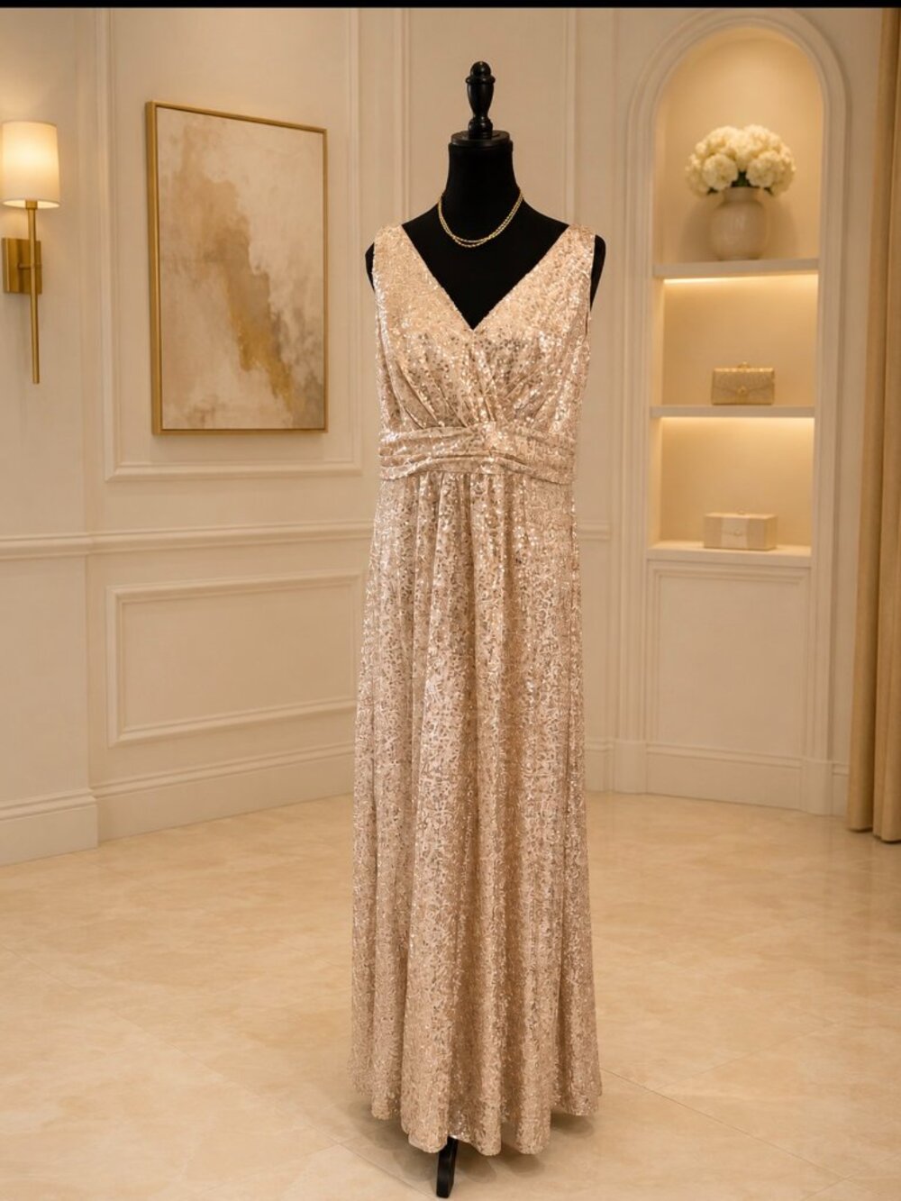 Sequin V-Neck Evening Gown in Champagne